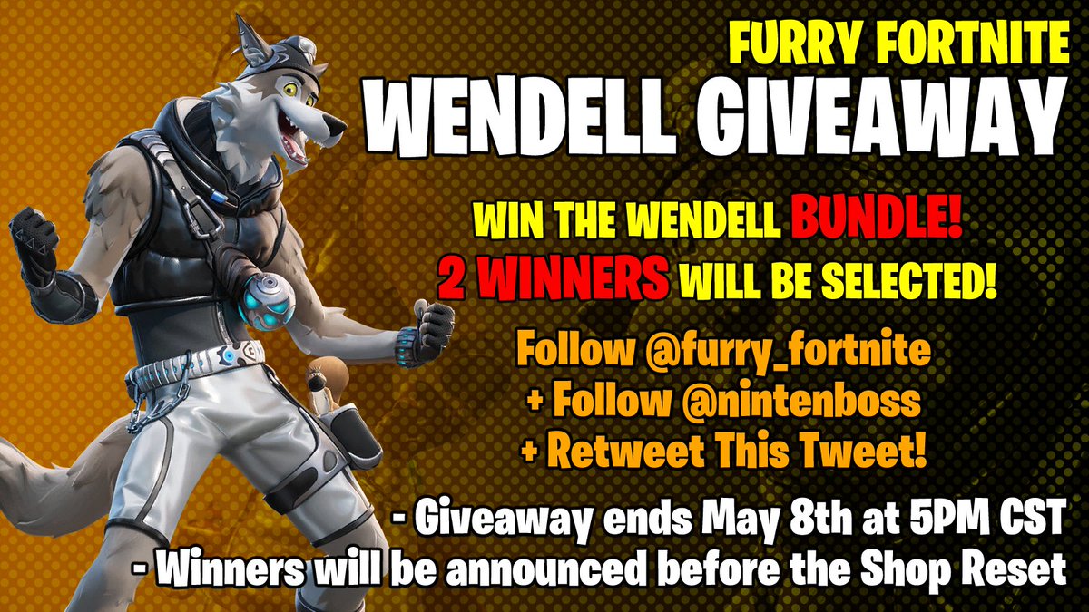 We're doing a new giveaway in collaboration with <a href="/nintenboss/">Ninten</a>, and we're giving away 2 Wendell Bundles!

All you gotta do is follow us and their account AND retweet this! Comment something below so we can verify your entry more easily.

More details below⬇️ #furryfortnite