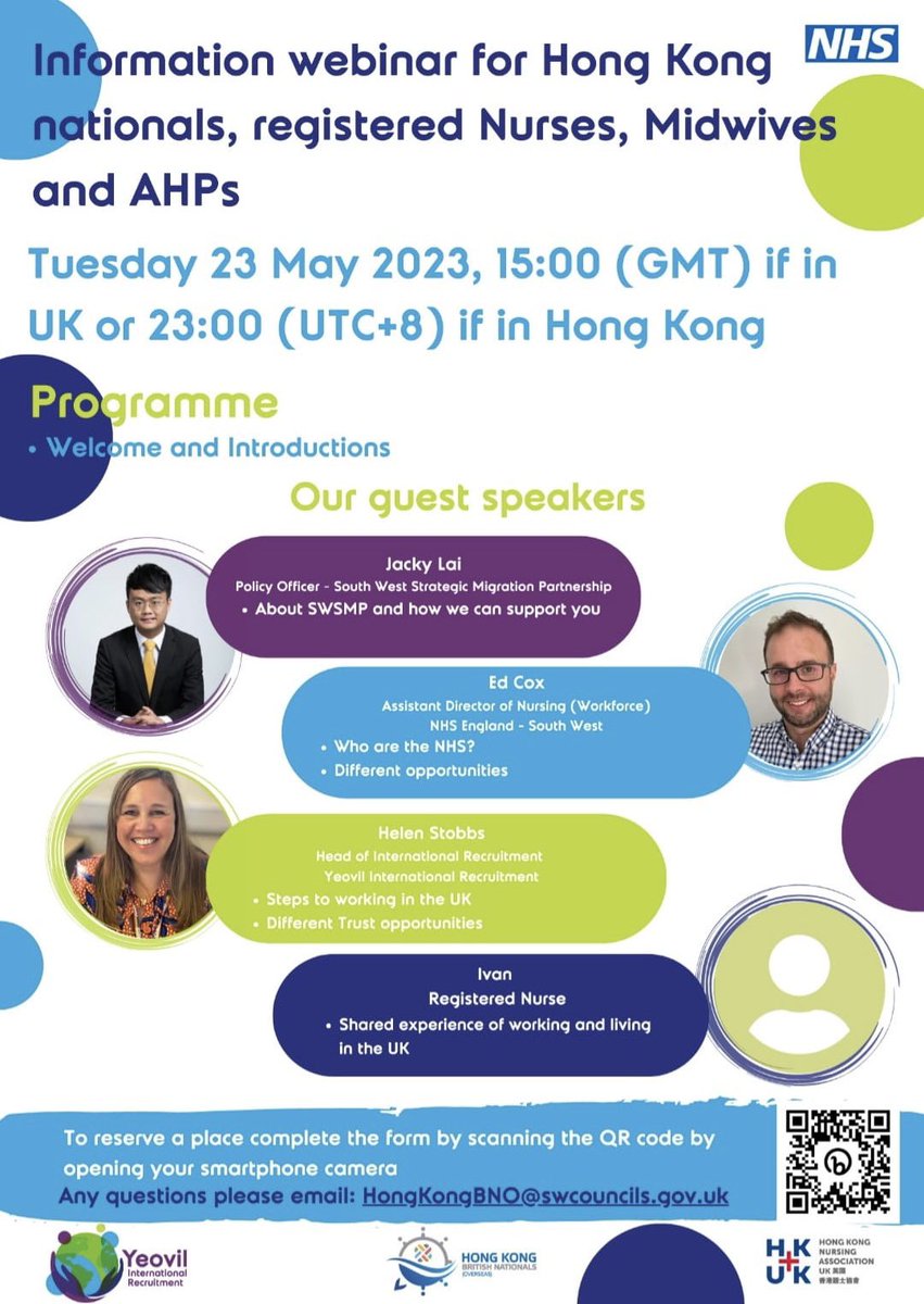 Information webinar for Hong Kong nationals, Registered Nurses, Midwives & AHPs Date: 23rd May 2023 (Tue) Time: 15:00 (BST)/ **22:00 (HKT)** **The correct time should be 22:00 (Hong Kong Time), apologise for the incorrect time written on the poster🙏🏻 報名請掃描poster嘅QR code