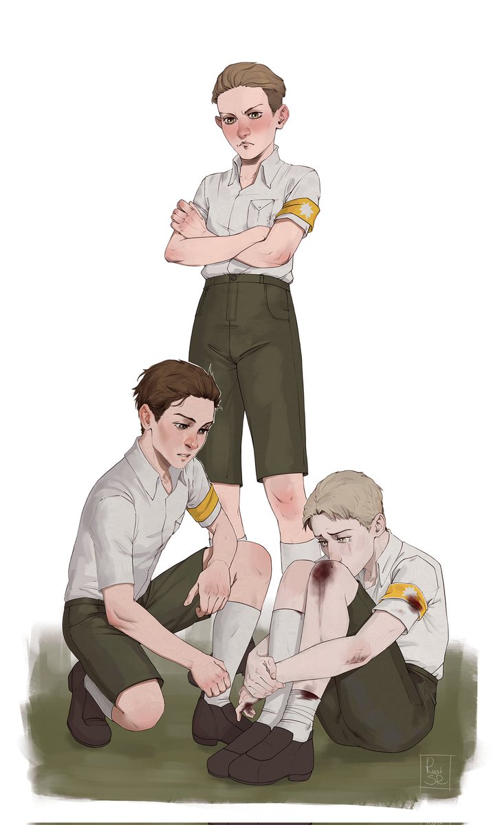 "- You crying like a girl!
- Shut up, Porco. Reiner, let me see your scratches"

I have a headcannon that Marcel was a brotherly figure for Reiner too, and Porco had a lot of jealousy about it :D

#aot #snk #marcelgalliard #porcogalliard #reinerbraun #sketch