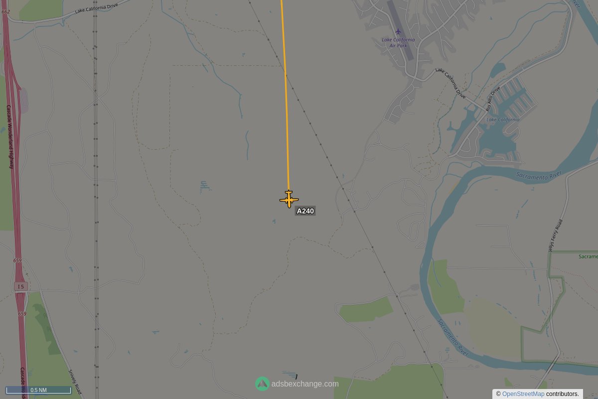 ffoverhead's tweet image. CalFire #N421DF callsign #A240 (a V10) was spotted near Lake California, CA at approximately 21:24 UTC squawking 1255 globe.adsbexchange.com/?icao=a4ffa7&amp;amp;z… #CalFire