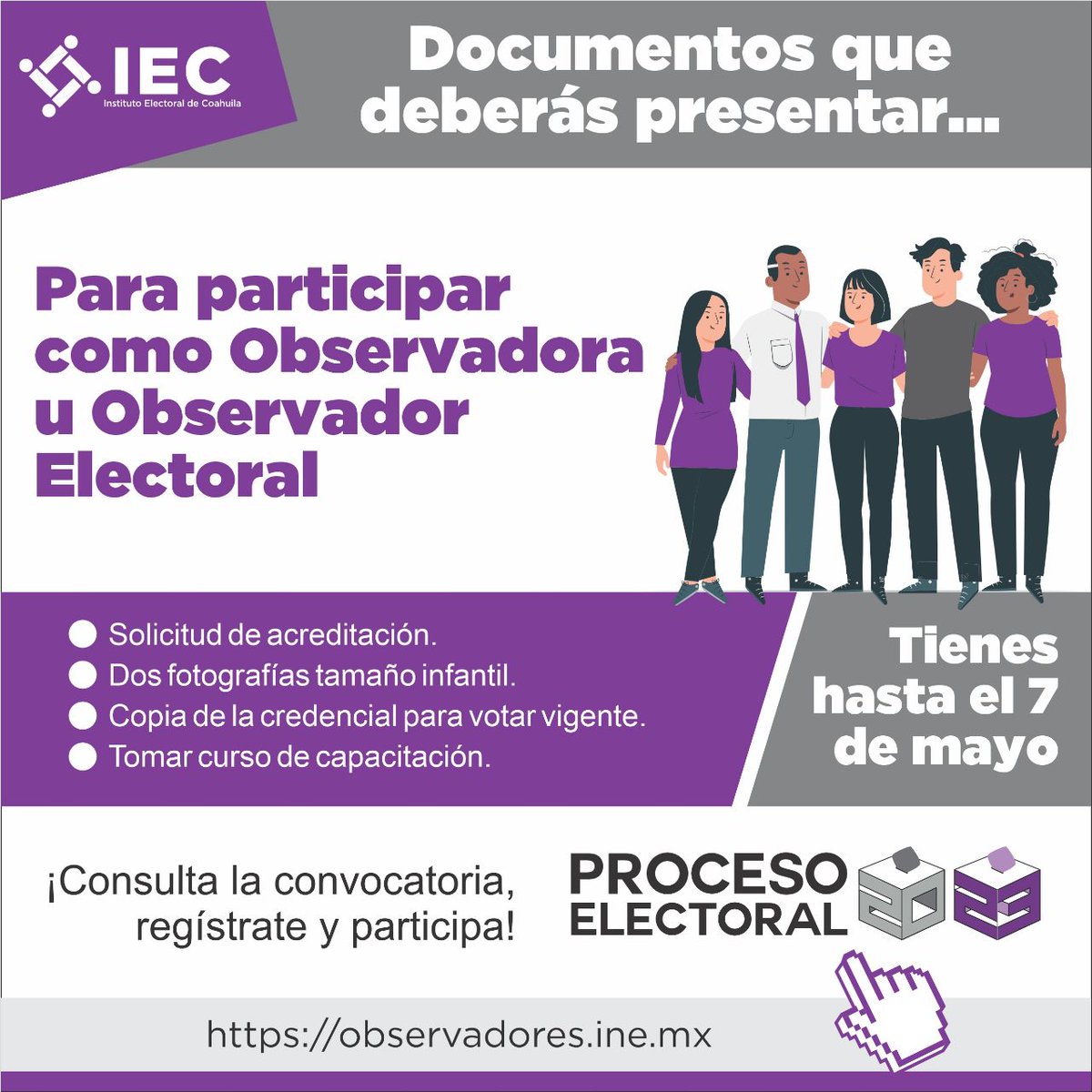 IEC_Coahuila's tweet photo. #QueNoSeTePase ⏰
Te queda poco tiempo para que puedas presentar tu solicitud para participar como Observador u Observadora Electoral en las elecciones en #Coahuila. 

Regístrate en línea en: https://t.co/g8vBeEiAxv o en algún Comité Municipal o Distrital del #IEC. https://t.co/xiJPYzgjqR