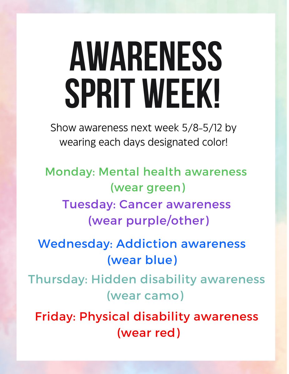 Next week is our Awareness Spirit Week! Join us is in showing support by wearing these colors