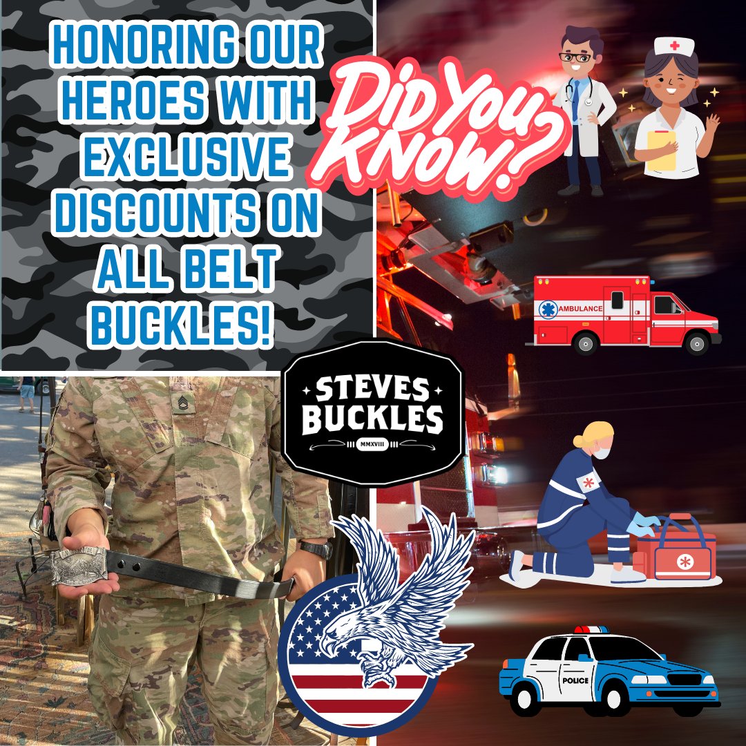 stevesbuckles's tweet photo. 🇺🇸💙❤️ Attention Military &amp; First Responders! Get exclusive discounts on our unique belt buckles at StevesBuckles! DM for details. #MilitaryDiscount #FirstResponderDiscount #StevesBuckles #ThankYouForYourService https://t.co/vuxBixUNPQ