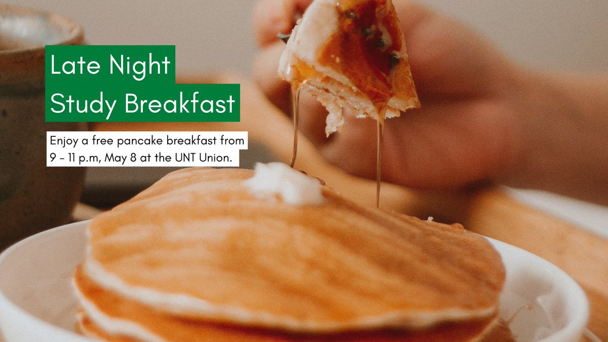 Don’t study on an empty stomach! Join <a href="/UNT_UPC/">UNT UPC</a> for free late night pancakes from 9 – 11 p.m., May 8, at the <a href="/UNTUnion/">UNT Union</a>. 🥞 Event details: bddy.me/3HMU1KP