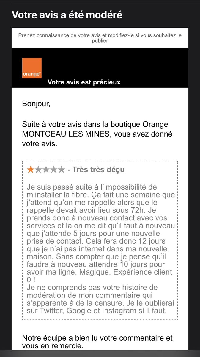 TardyYanne's tweet photo. @Orange_conseil bonjour, comme je ne sais pas où m’adresser, je pose ça là. Deux fois mon avis modéré ! A priori une question de pseudo et/ou d’identification de chez pas qui… en tout cas, j’ai toujours pas d’internet après mon déménagement 👍🏻 https://t.co/gHG9GocXvj