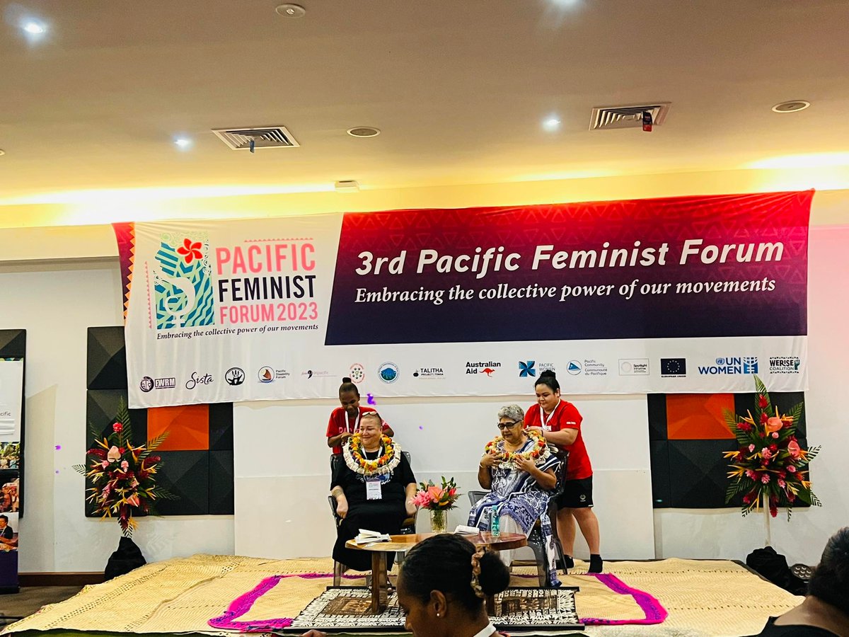pacfemcop's tweet photo. Longtime #PacificFeminists @noelenen of @diva4equality and #ShamimaAli of @CommsFWCC being welcomed at the 1st day of the #3rdPacificFeministForum at the #PearlResort. https://t.co/BrCPbW6nvk