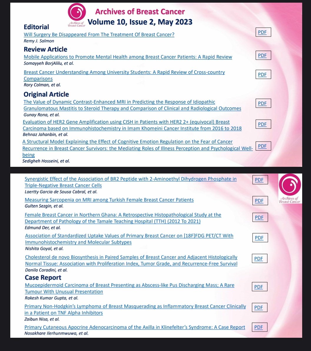 May Issue is published.
Full text of all articles are available on our website: 
ArchBreastCancer.com
Here is the #table_of_contents
#archbreastcancer
#archives_of_breast_cancer