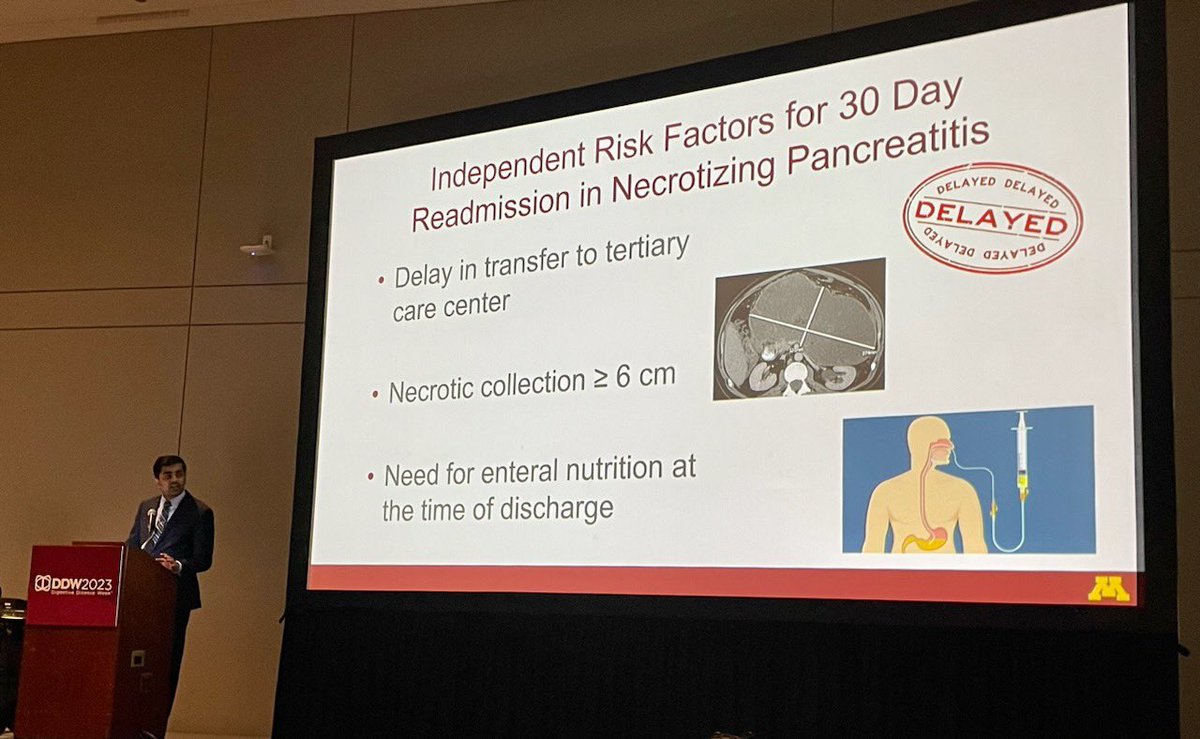 Great presentation by @gsuryaw94 of @umnmedresidency at @DDWMeeting Delay in transfer, larger necrotic collection & need for enteral nutrition associated w/⬆️ 30 day unplanned readmission in necrotizing pancreatitis - a 12 year experience from a tertiary care center #DDW2023