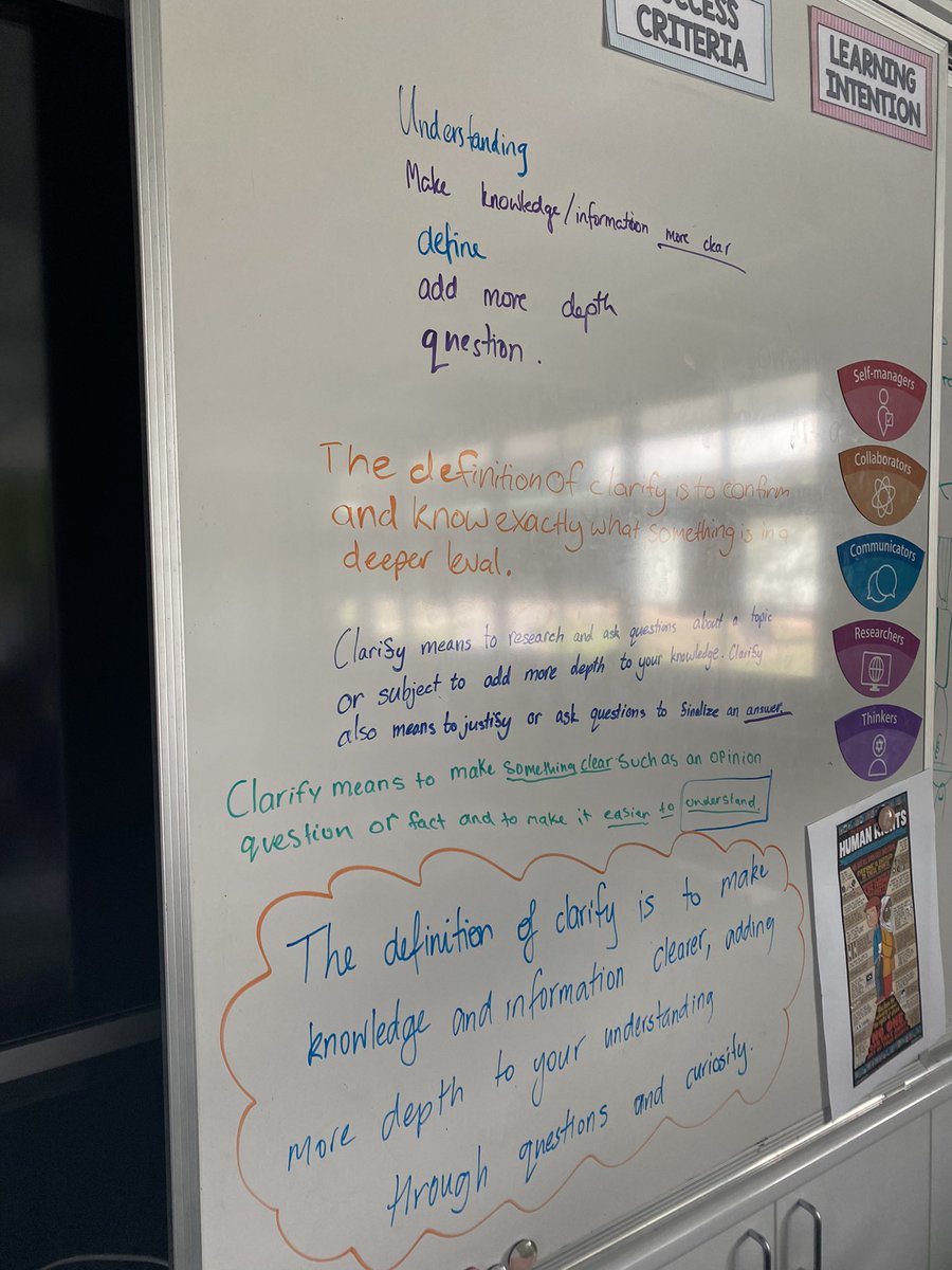 6T, using the collaborative strategy ‘diamond definition’ to collaboratively agree on the term ‘clarify.’ Building off each definition to come to a whole class understanding. #visiblethinking