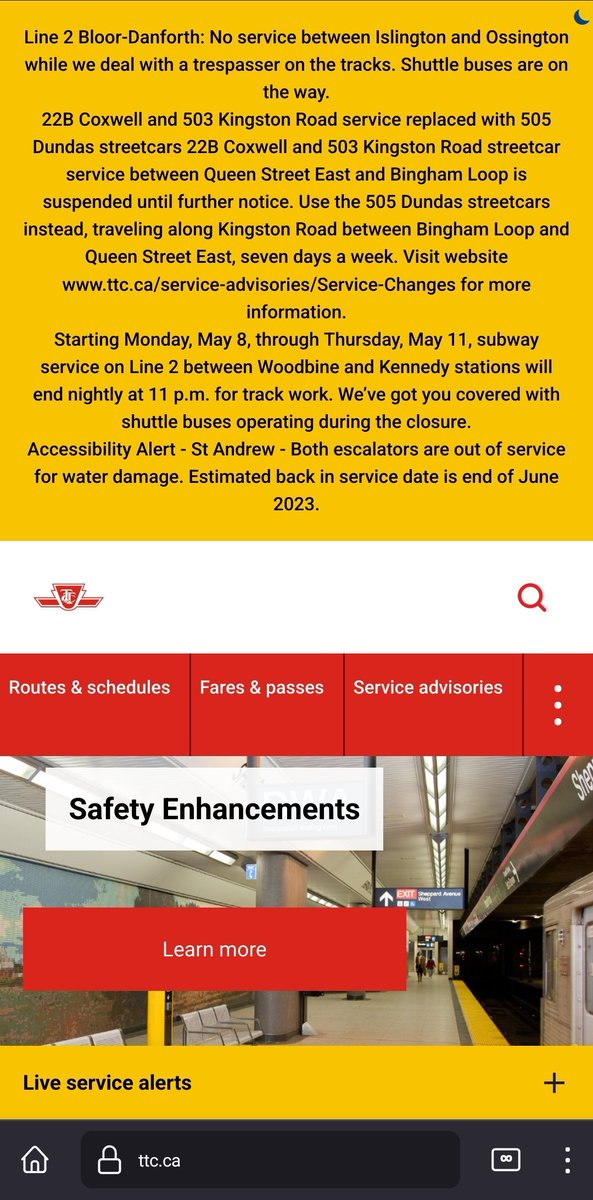 The TTC website is more service alert than actual website. If everything is a priority, nothing is a priority. Why are escalator closures and late night construction sharing space with a partial closure of Toronto's second-busiest subway line?