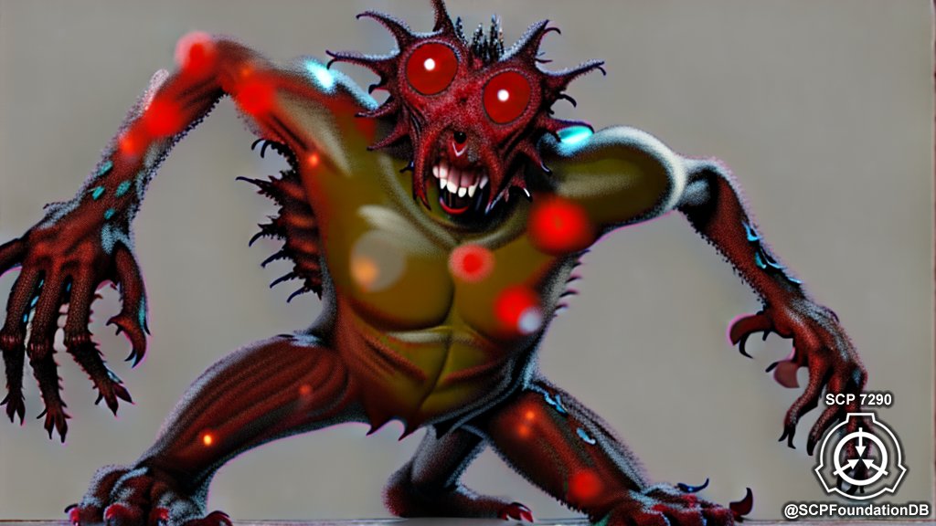 SCP-7290 is a humanoid creature standing at 2.5 meters tall, covered in thick hair with elongated limbs, a wide mouth filled with razor-sharp teeth, and large black eyes with slits for pupils. Its anomalous property is its ability to manipulate and control the growth of plants.