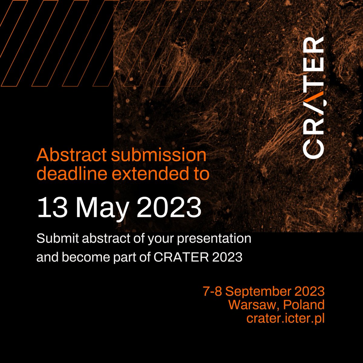📢📢 Exciting news!📢 The deadline for abstract submissions for our upcoming #CRATER2023 conference has been extended! 🚀 #CRATERconference #abstractsubmission #extendeddeadline #research #eye #translational #research  🚀🔬📝 @ICTER_PL @ICHF_PAN @polonium_org @PAN_akademia