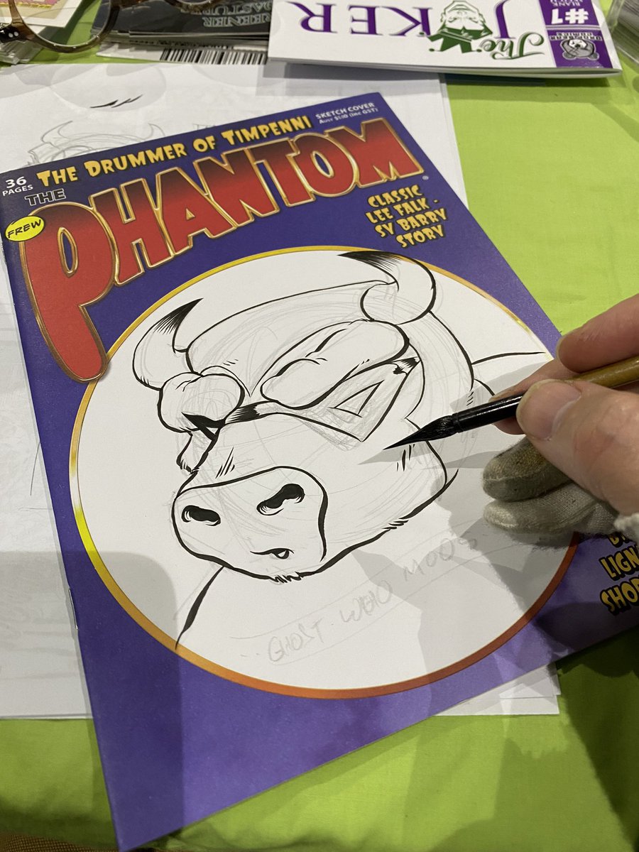 TimMcEwen67's tweet photo. Another #sketchcover I did at #GeekMarkets. They wanted a #Phantom but got a “Ghost Who Moos…”. #GreenerPastures #GreenerPasturesComic #thephantom #ghostwhowalks #ghostwhomoos #theghostwhowalks #theghostwhomoos #frewpublications #frew #phantomcomic #phantomcomics #leefalk https://t.co/TjTfKSpI1u