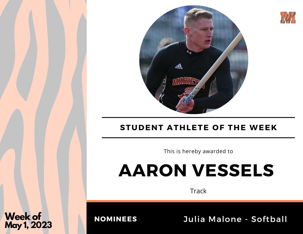 Congratulations to Senior Aaron Vessels for winning his second “SAOTW” award! Aaron most recently competed in the OVAC 5A track championships and came home with a 1st place finish in the Pole Vault at 11-00.00! Great job and good luck at Districts!