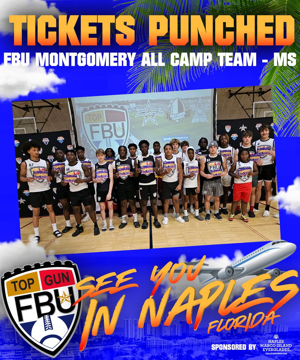 ALL CAMP TEAM 🌴

Congratulations to these Middle School athletes on being selected as the top athletes in their position group for the weekend ✅

Your tickets to Naples, FL for FBU Top Gun are punched ✅

#FBU #GetBetterHere