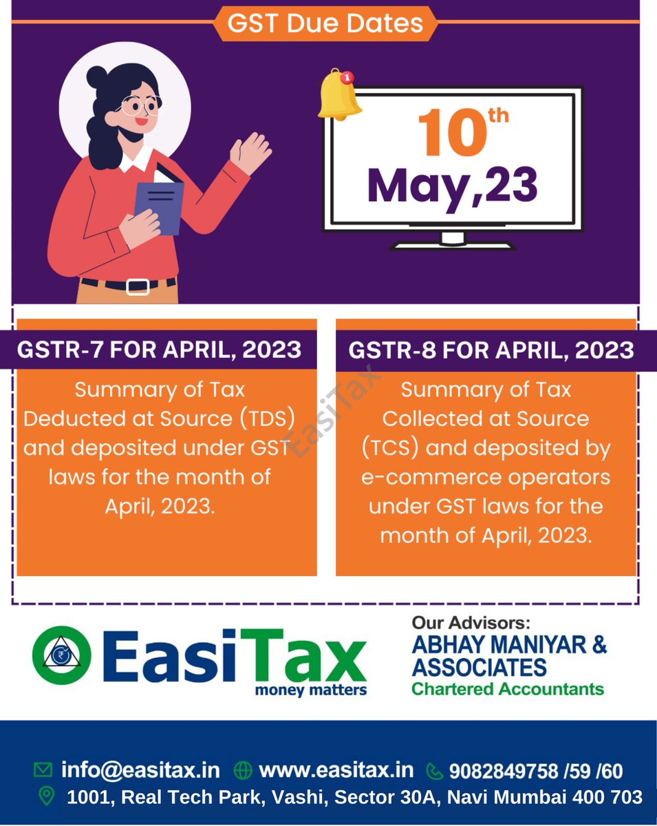 Due dates on GSTR-7 & GSTR-8 For April 2023 is 10th of May 2023.

#GSTR7
#GSTR7_for_April_2023
#Tax_Compliance
#GST_due_dates
#GSTR_filling_Process
#GSTR8
#GSTR8_for_April_2023
#EasiTax