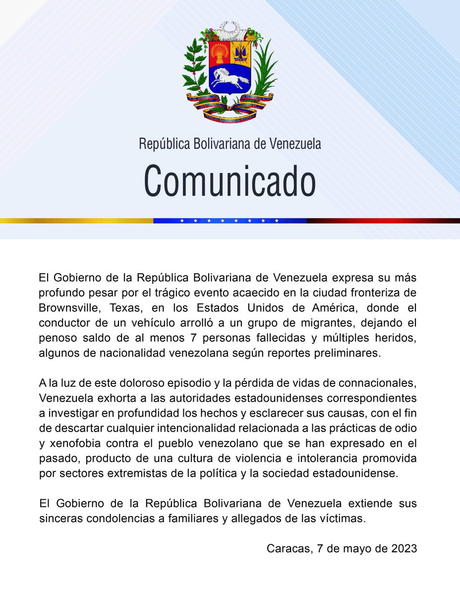 radio580nic's tweet photo. Gobierno de #Venezuela exhorta a #EEUU a investigar a profundidad trágico arrollamiento de #Migrantes en #Texas, donde fallecieron al menos 7 (preliminarmente algunos venezolanos), y adicional varios heridos. #La580 https://t.co/RTiYWfbOwT