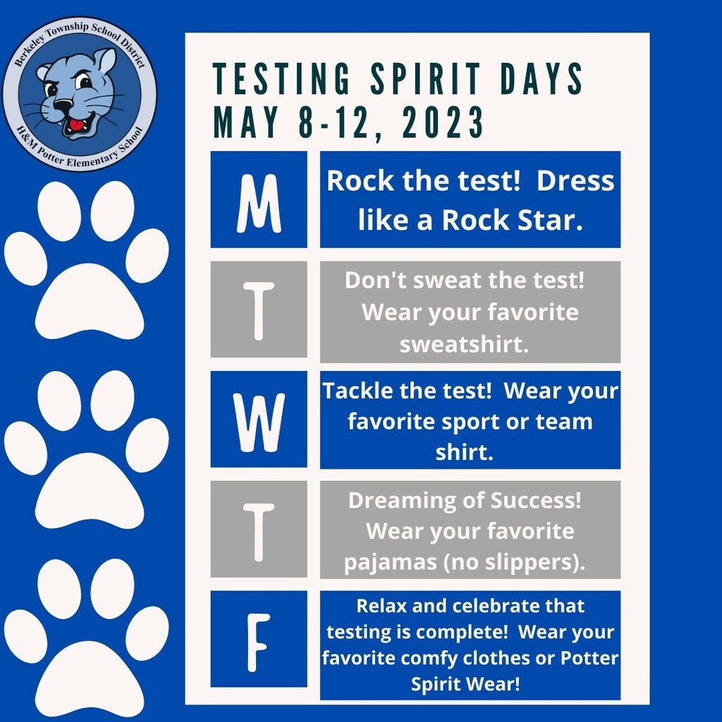 berkeleypotter's tweet photo. This week's Spirit Days for NJSLA testing! All are welcome to participate to support our 3rd and 4th graders! #wearehmp https://t.co/S7a6mb9arO