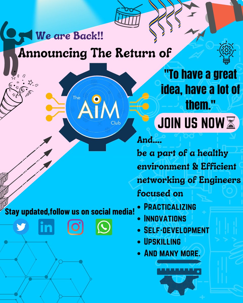 AIM_Club23's tweet photo. We are grateful to resume the A.I.M. club with new enthusiastic team to perform exceptional works for engineers๐จโ๐.
Join us for betterment of world.โจ
#workshops #aimclub #innovation #community https://t.co/mnkkCuicel