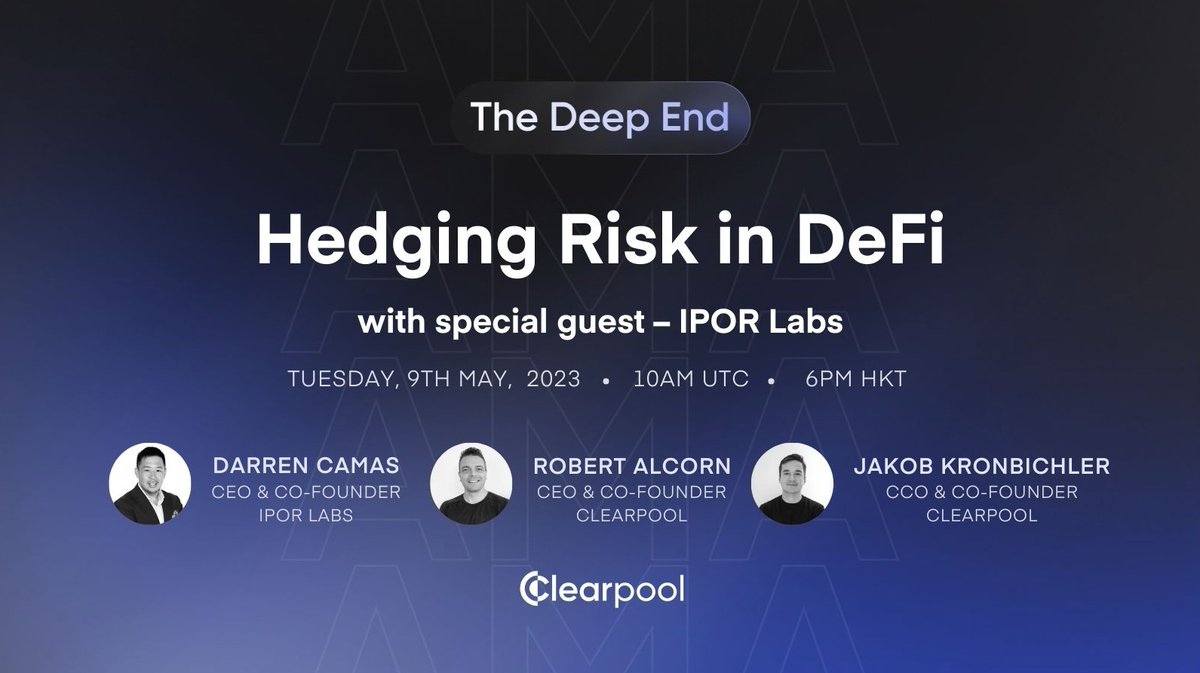 ClearpoolFin's tweet photo. 1⃣ day until the next 'The Deep End' with @ipor_io!

🎙️ Join Clearpool co-founders @Rob8830 &amp; @JKronbichler with special guest @DarrenCamas as they discuss hedging risk in #DeFi

🗣️ Submit any qs on Twitter using #ClearpoolAMA

Join here 👇
https://t.co/uLa1GjV4yx

$CPOOL https://t.co/SHcuo7w28Z