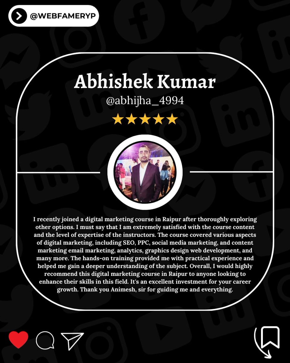 Thanks, Mr. Abhishek Kumar for Reviewing & Rating us 5/5 Stars.  #digitalmarketingacademy #reviews #review #testimonial #clientfeedback #reviewers #feedback #5stars #5star #jobs #job #jobvacancy #jobopportunity #digitalmarketingcourse #raipur #raipurdiaries #raipur #webfameryp