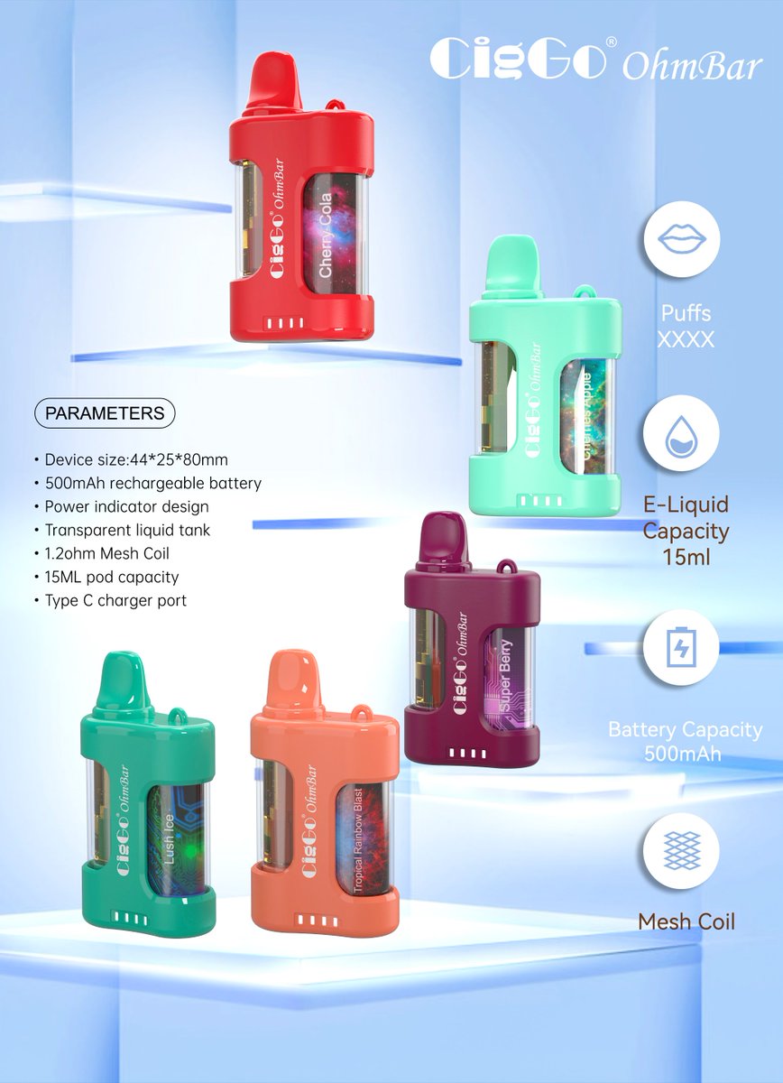 Ciggo OhmBar  with 15ml e-liquid capacity to deliver up to 10000puffs. 
#vapedubai #vapeegypt #vapeuae #riyadhvape #vapevietnam #vapeindonesia #vapePhilippines #VapeMalaysia #vaperussia #vapeuk