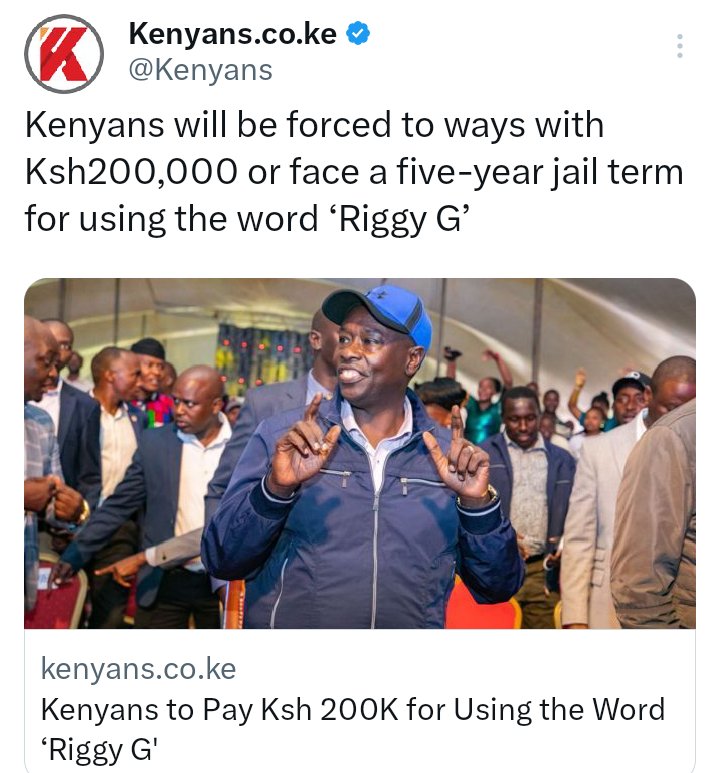 Look at the kind of nonsense that's being entertained in the country, et pay Ksh 200000 for using the word Riggy G! Are they not satisfied with the unnecessary taxes that they are imposing on poor Kenyans! #102Seconds

Ndarugo Pope Man United