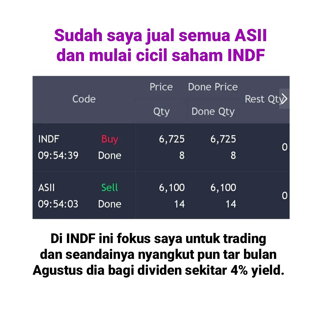 kaptencrypto707's tweet image. Sudah saya jual #saham #asii dan saya belikan saham #indf indofood.

Fokus saya di saham indf ini untuk trading, kalau saham untr nanti saya serok lagi.