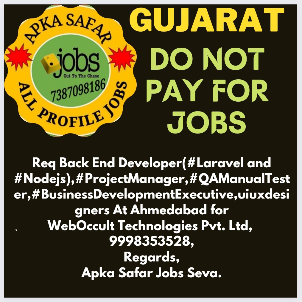 #backenddeveloper #nodejs #laravel #jobsinahmedabad #ahmedabadjobs #jobsingujarat #gujaratjobs