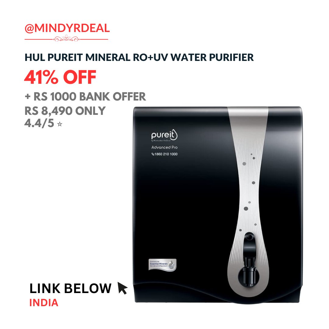 MindYourDeal's tweet photo. Rs 8,490 (41% off + Rs 1000 bank offer) on HUL Pureit Advanced Pro Mineral RO+UV
Deal (affiliate)- https://t.co/3T8ZC6UCuy

#deal #sale #discount #offer #pureit #mineralro #rouv #uv #waterpurifier #watercleaner #smarthome #drinkingwater #follow #gadget #summersale https://t.co/FNb8QAWDhQ