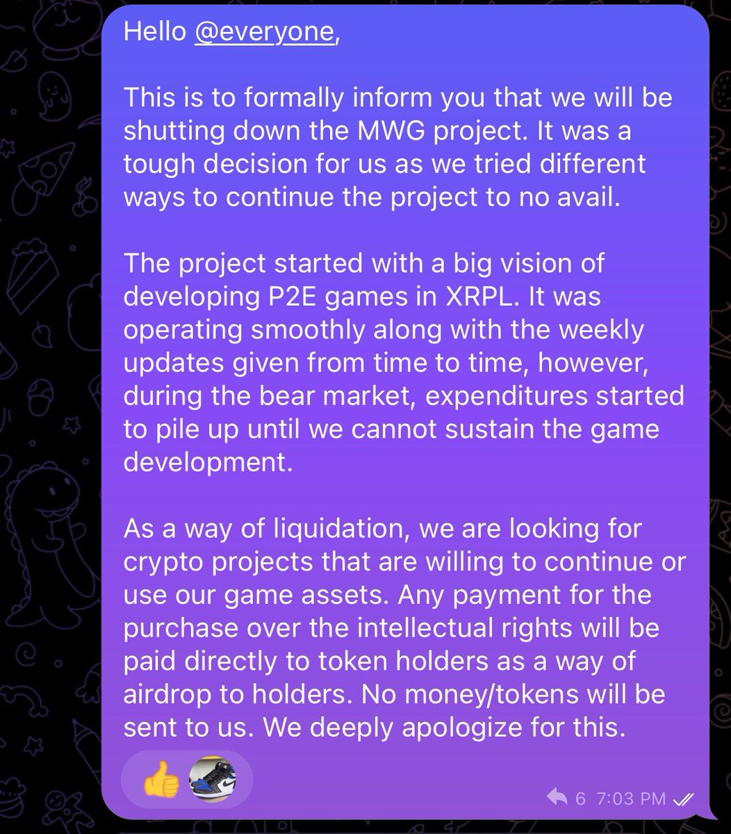 motionwreckg's tweet photo. (1/4) This was initially announced in our community group:

This is to formally inform you that we will be shutting down the MWG project. It was a tough decision for us as we tried different ways to continue the project to no avail. https://t.co/3jbGIt3lqw