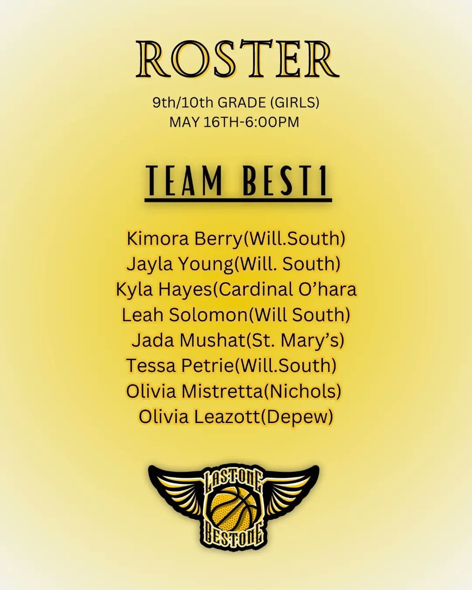 Last 1 Best 1 
Rosters
9th/10th Grade girls
May 16th 6pm
Christian Central Academy
