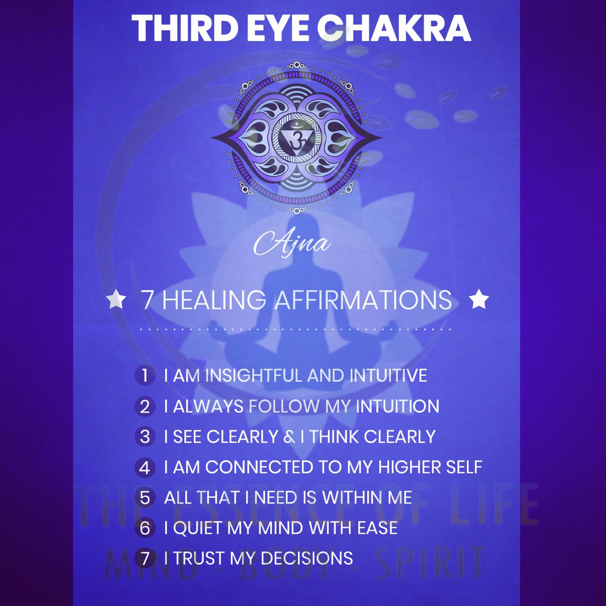 Open your third eye chakra with daily affirmations! Trust your intuition, connect with your higher self, and tap into infinite possibilities. #ChakraAffirmations #SpiritualGrowth #Mindfulness #ThirdEyeChakra