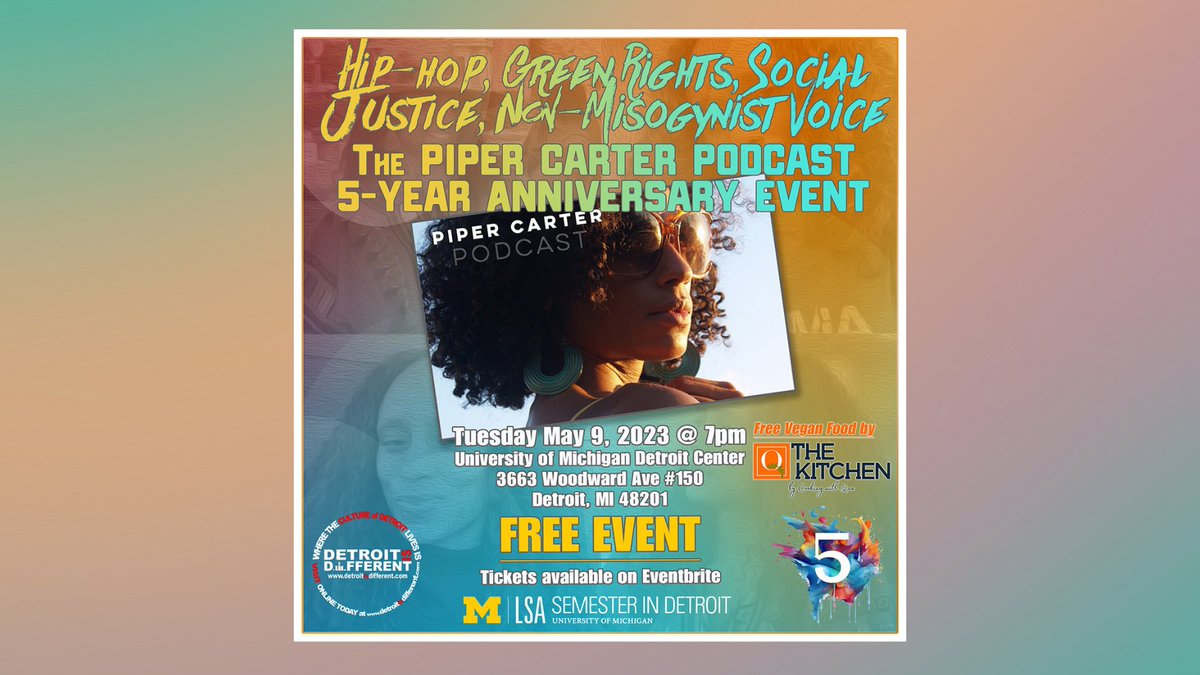 REMINDER:

The Piper Carter Podcast is proud to celebrate its 5-year anniversary with a FREE live event this Tuesday, May 9th starting at 7:00pm at the University of Michigan Detroit Center.

For more information click thelink below.

fb.me/e/18errXpSn

<a href="/umichLSA/">U-M College of LSA</a> <a href="/UmichRC/">U-M RC</a>