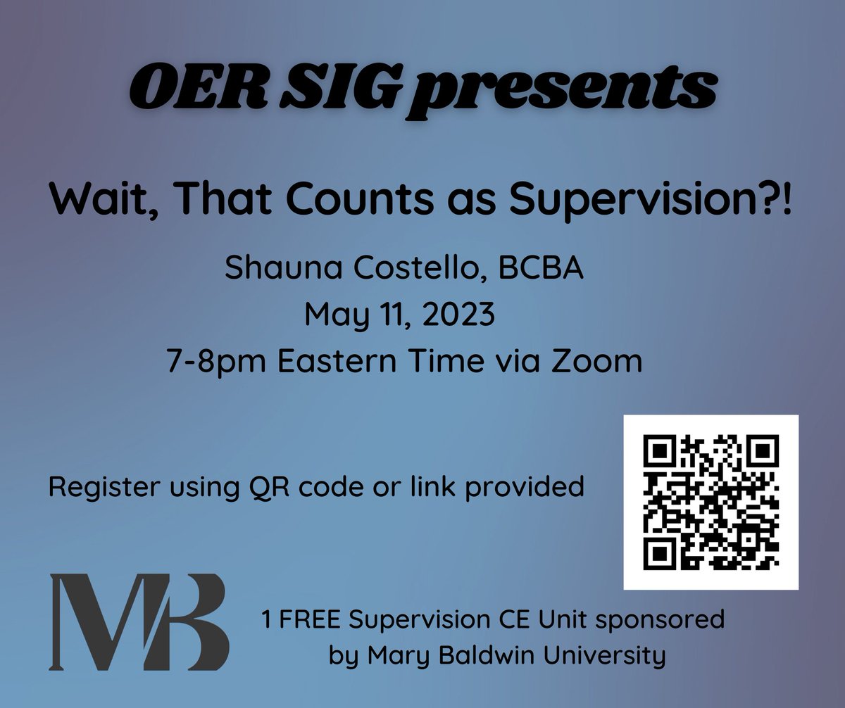 Behavior friends, check out this upcoming FREE continuing education event featuring Shauna Costello, brought to you by the OER SIG  (CEU for BACB and IBAO sponsored by Mary Baldwin University).
Registration Link: forms.gle/rqJfujeygcRtwA…