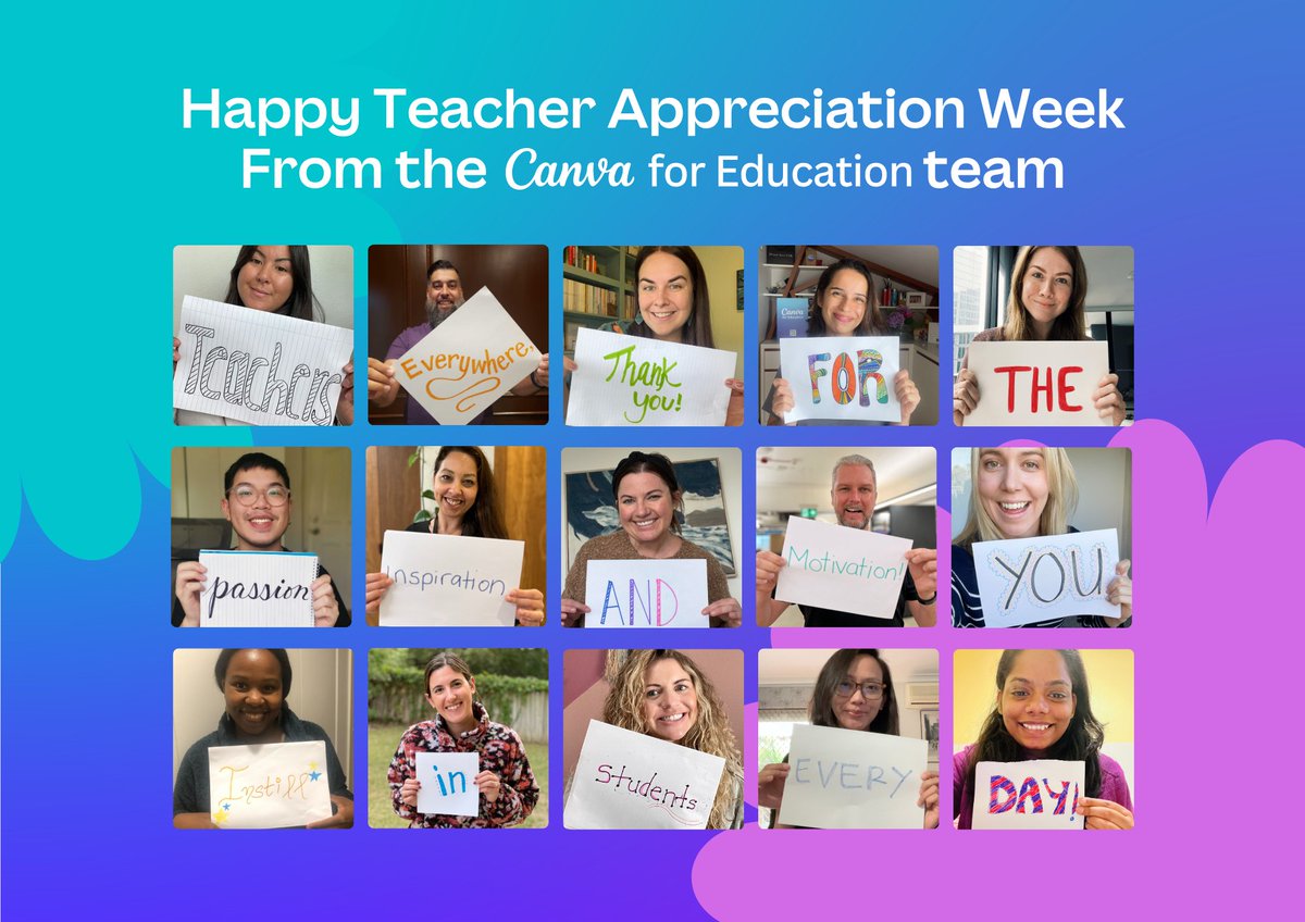 CanvaEdu's tweet photo. Teachers, thank you for your dedication, hard work, and commitment to shaping the future. You inspire, motivate, and empower your students every day, and we are grateful for all that you do. 🙌🏼🍎

#TeacherAppreciationWeek #ThankATeacher #CanvaEdu https://t.co/yVA6Ywj2BX