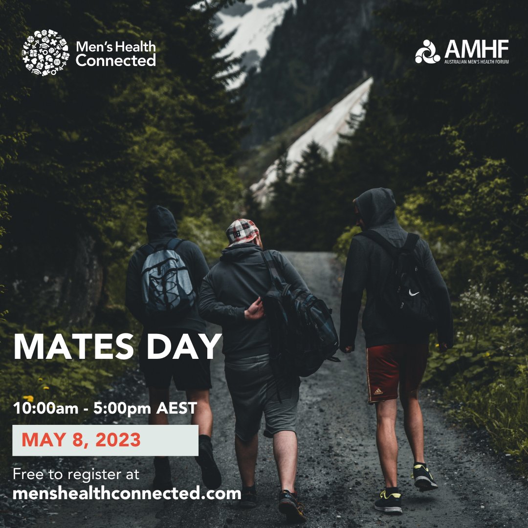 MensHealthAMHF's tweet photo. G'day Mates. Spend an hour or more at our special Building Mateship Showcase today. All five sessions are free to attend and will explore the link between men's health and social connection. Register here: https://t.co/MwAoepKN9P
#matesday #mateship https://t.co/pb3ObdUTZ7