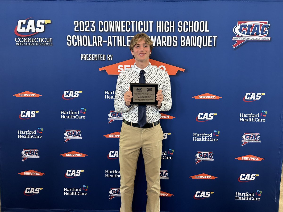 mhseccathletics's tweet photo. A special night for Montville High School as we honored our recipients of the 2023-2023 CAS-CIAC Scholar-Athlete Award, Brendan Duhamel and Kate Bowman. Congratulations Kate and Brendan and thank you for your continued impact on our school and our athletic department. https://t.co/m0mG2TPXGa