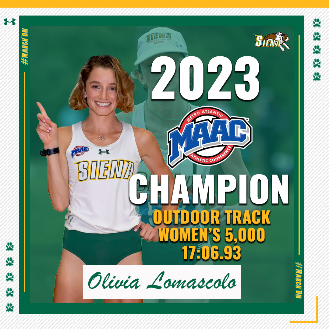 🎽🥇 TRIFECTA ❗️

Olivia Lomascolo is your 2023 #MAACTrack Outdoor 5k champion for her 3⃣rd 🏅 at as many <a href="/MAACSports/">MAACSports</a> championships this year!! 

#MarchOn | #SienaSaints | #NCAATrack