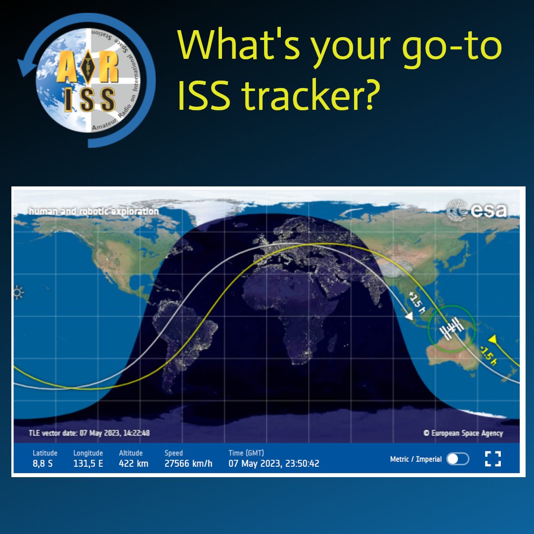 ARISS_Intl's tweet photo. What tool do you you to track ISS passes?  We know our friends @esa (pictured), @amsat, and @ISSAboveYou all have good tools, but what works for you? https://t.co/bZWudUiMBv