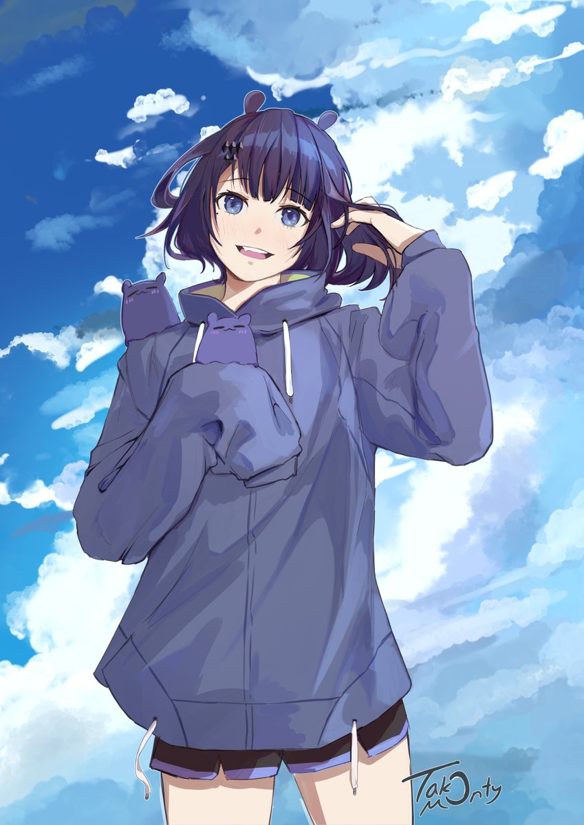 ninomae ina'nis ,takodachi (ninomae ina'nis) 1girl alternate hair length alternate hairstyle bangs hoodie cloud sky  illustration images
