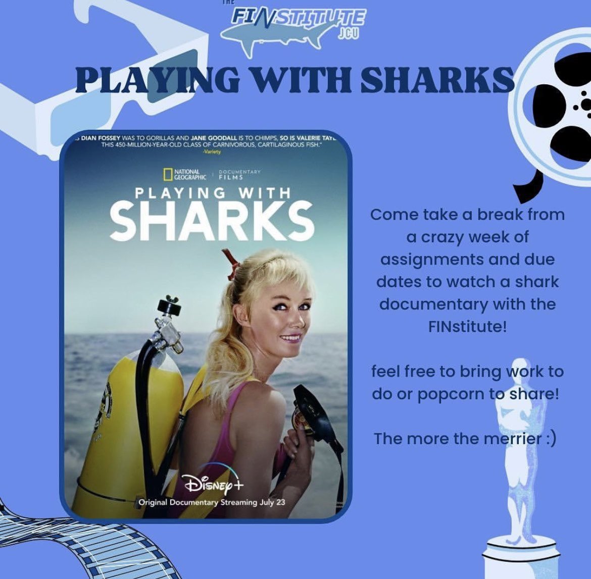 We're super excited for our first movie night for meeting #5 !
.
Come and join us at 5:15 in room 134 for a small study break to enjoy the documentary #Playingwithsharks
.
Bring your friends and come down for a relaxed meeting this week :))