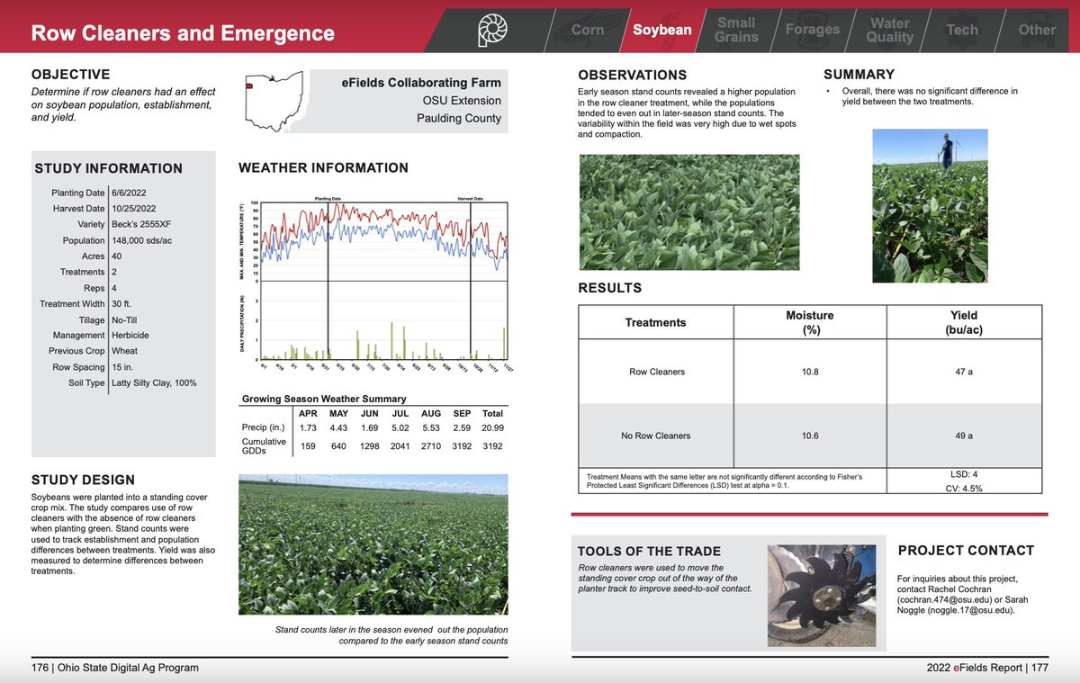 OhioStatePA's tweet photo. Check out pages 176-177 of the 2022 #eFields report to learn about the influence of row cleaners on #soybean population, establishment, and yield. #leanonyourlandgrant #SeedingIntel https://t.co/mZw33O6cur