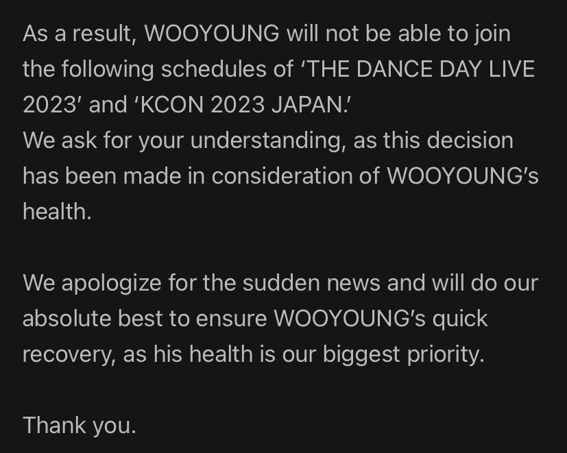 archiveswoo's tweet photo. wooyoung will not join the Dance Day Live 2023 &amp; KCON 2023 Japan due to his ankle injury 

take care of yourself &amp; get well soon wooyoung , we will always wait for you ♡ https://t.co/4xJ9DFsUGd