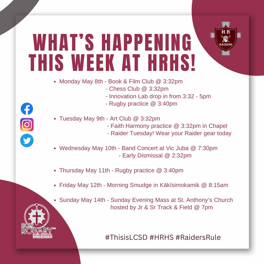 What’s happening this week at #HRHS

➡️ Raider Tuesday - wear your Raider gear or colours today to celebrate all of our Provincial winners!
➡️ Band Concert at 7:30pm on May 10th @ Vic Juba
➡️ Morning Smudge in Kākīsimokamik at 8:15am

Have a great week!