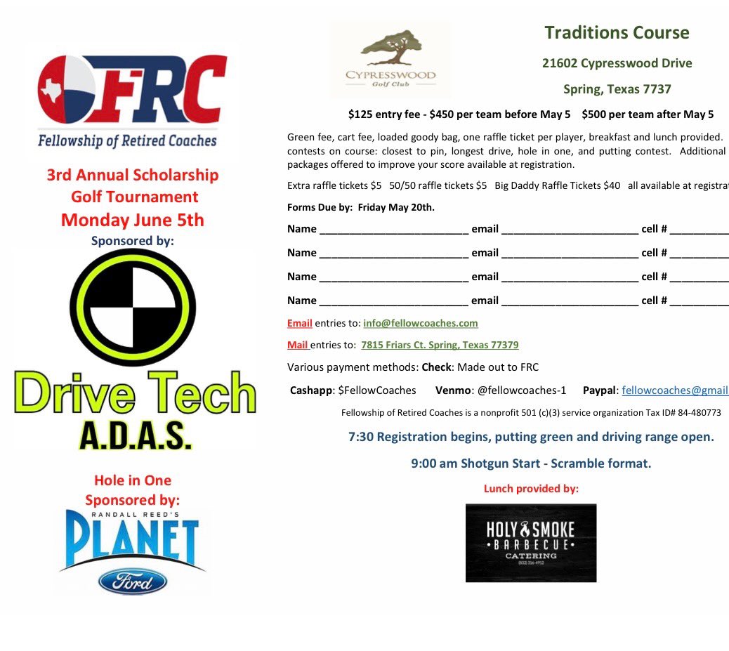 FellowCoaches's tweet photo. 📣Houston area coaches and trainers get your ⛳️teams together and join us! #Trainers #coach #Scholarship #fellowship #FRC #THSCA #Cypresswood #Drivetech #PlanetFord https://t.co/jsaldfKd6K