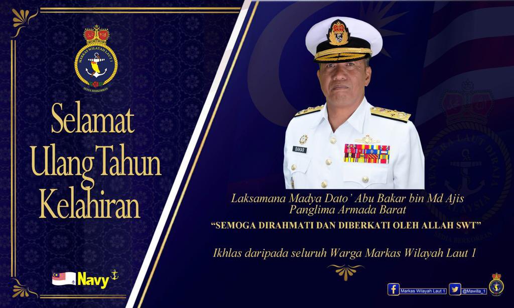 Selamat Hari Ulang Tahun Kelahiran diucapkan kepada YBhg Panglima Armada Barat, Laksamana Madya Dato’ Abu Bakar bin Md Ajis.

Semoga Panglima sentiasa berada dalam rahmat dan lindungan SWT serta diberi kesihatan yang berpanjangan.

#BersatuBersediaBerjaya
<a href="/tldm_rasmi/">Royal Malaysian Navy</a>
<a href="/MPA_Barat/">HQ Western Fleet</a>