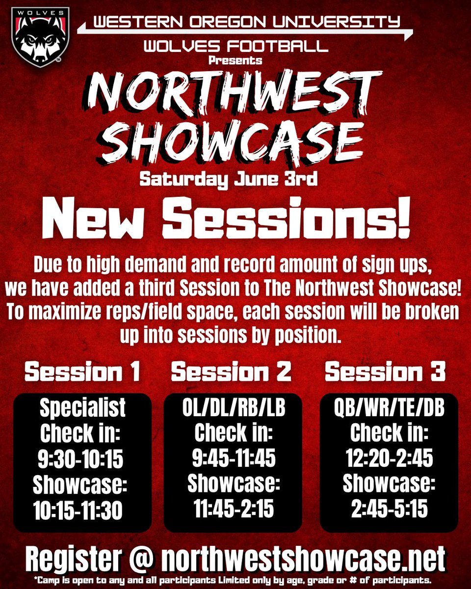 🚨🚨100 SPOTS LEFT ‼️🚨🚨

WE ONLY HAVE 100 SPOTS LEFT!

Don’t miss out on the biggest and best showcase! Once we hit capacity, registration will close!! 

🗓️Saturday June 3rd
📍Western Oregon University 
*More college announcements soon

Get signed up at Northwestshowcase.net