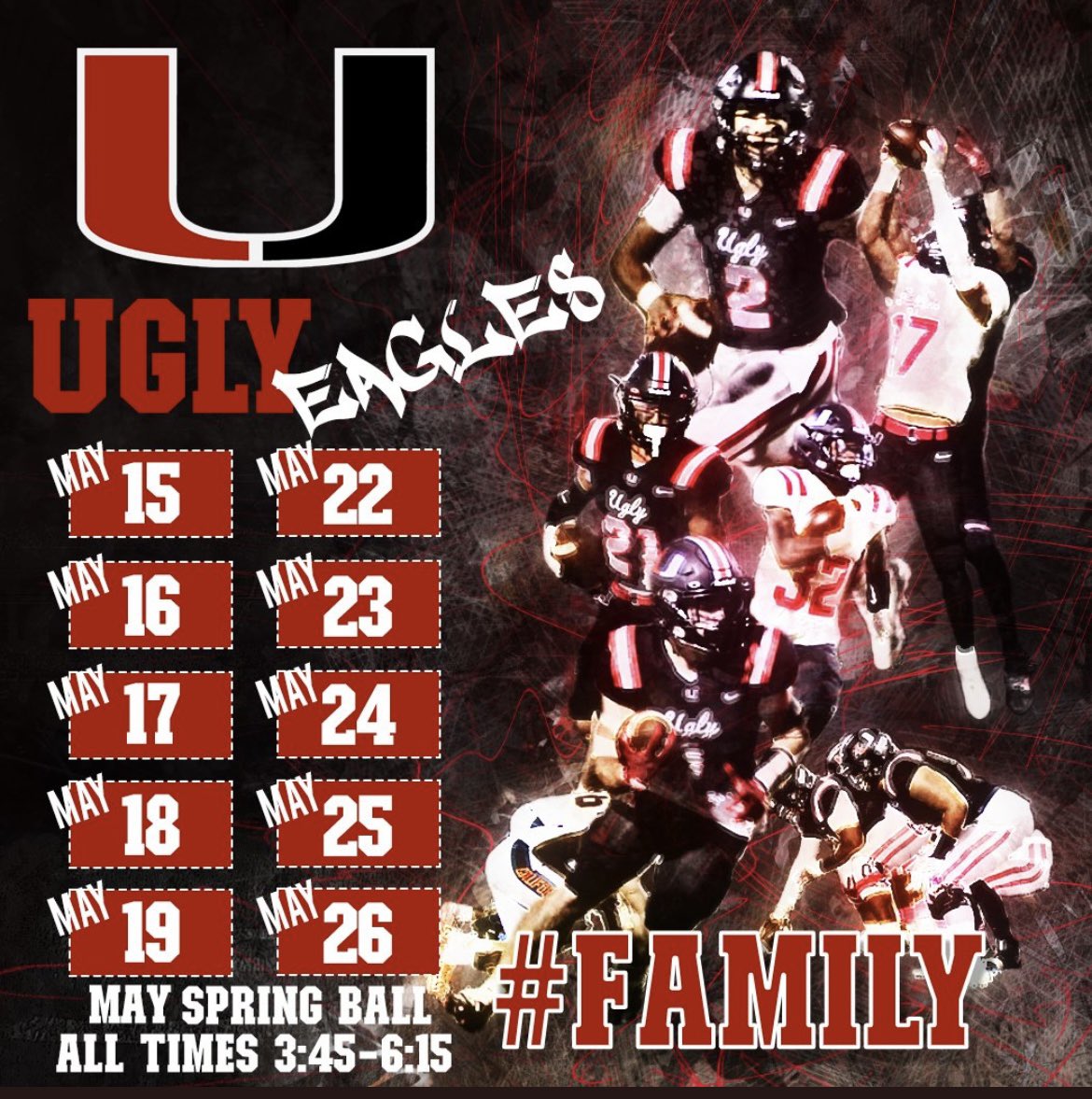 We are one week away from spring ball. Coaches -here are our practice days and times for spring ball. We have an open invitation policy for all college coaches to be on the field and watch our practice. 
🥊 🦅 🏈 🔥 💪