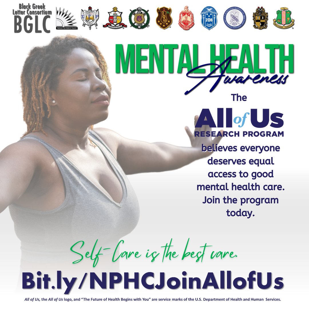 The All of Us Research Program believes everyone deserves equal access to good mental health care. Learn more about the All of Us Research Program today at bit.ly/NPHCJoinAllofUs. #joinallofus #bglc #AKA1908 #medicalresearch #blackmentalhealth #mentalhealthawareness